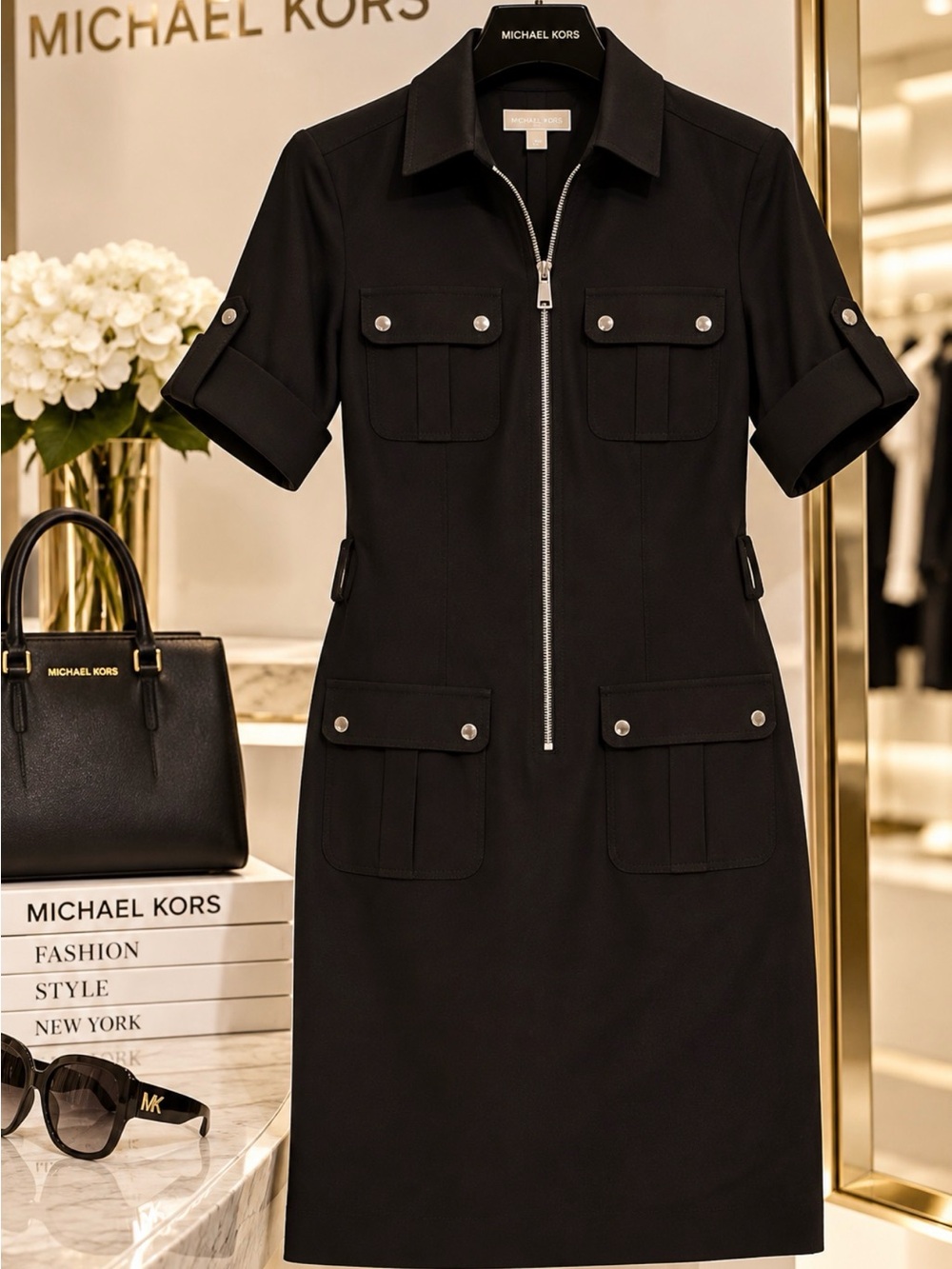 Michael Kors Black Utility Zip Front Midi Dress – Elegant & Chic